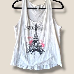 Self Esteem White Paris Eiffel Tower Graphic Tank with Pink Accents